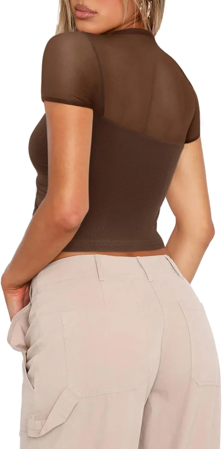 REORIA Women’s Sexy Sheer Mesh Ruched Mock Turtleneck Short Sleeve Going Out Shirts Crop Tops sold by ReoRia product image thumbnail 5