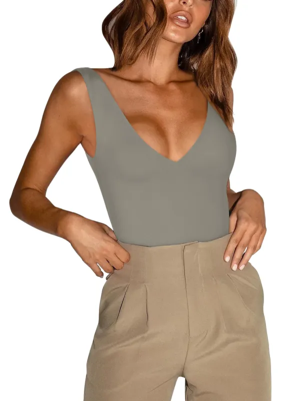 Plunge Deep V Neck Sleeveless V Backless Bodysuits Tops sold by ReoRia