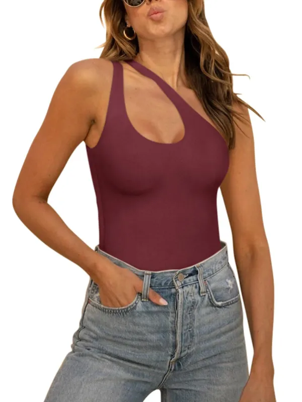 Plunge One Shoulder Sleeveless V Backless Tank Bodysuits Tops sold by ReoRia
