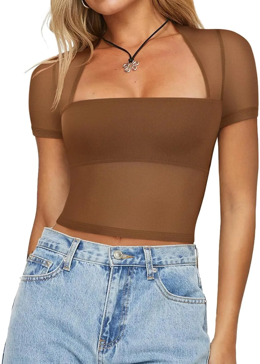 REORIA Women's Sexy Square Neck Short Sleeve Sheer Mesh Slim Fit 2024 Trendy Going Out Crop Tops sold by ReoRia product image thumbnail 3