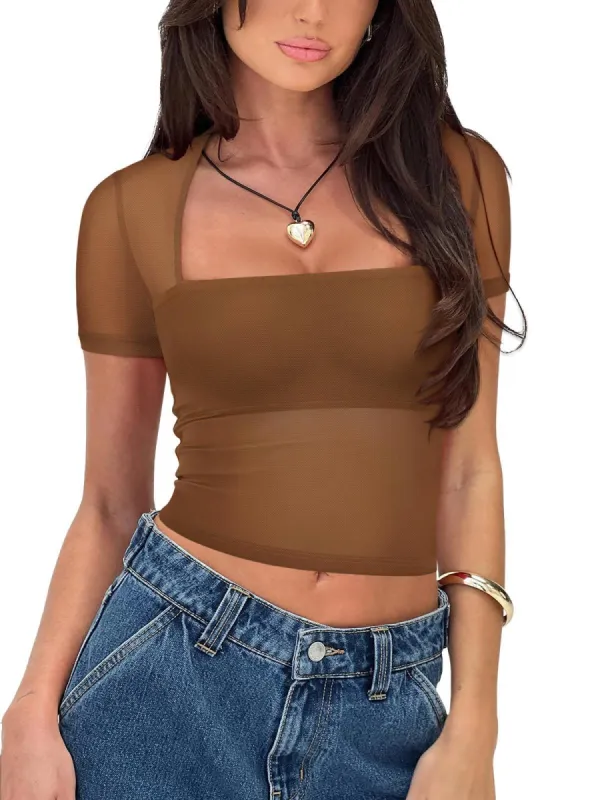 REORIA Women's Sexy Square Neck Short Sleeve Sheer Mesh Slim Fit 2024 Trendy Going Out Crop Tops sold by ReoRia