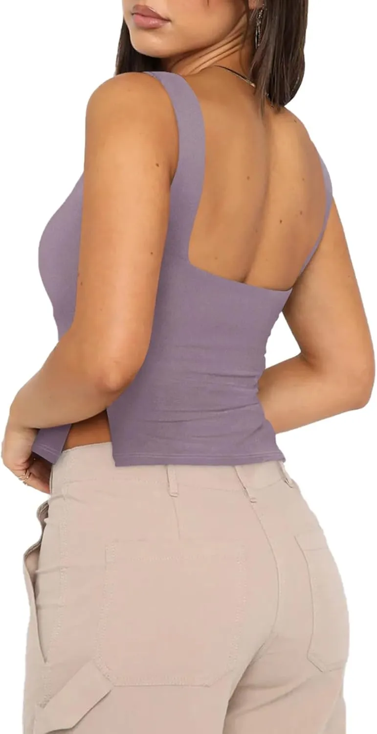 REORIA Women's Sexy Square Neck Ruched Double Lined Split Y2K Tank Crop Tops sold by ReoRia product image thumbnail 4