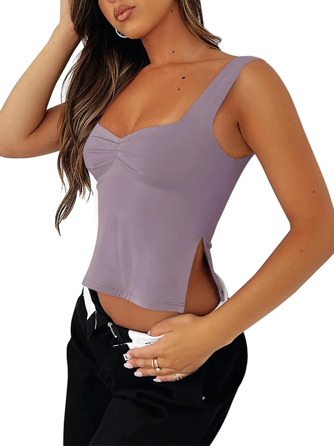 REORIA Women's Sexy Square Neck Ruched Double Lined Split Y2K Tank Crop Tops sold by ReoRia product image thumbnail 3