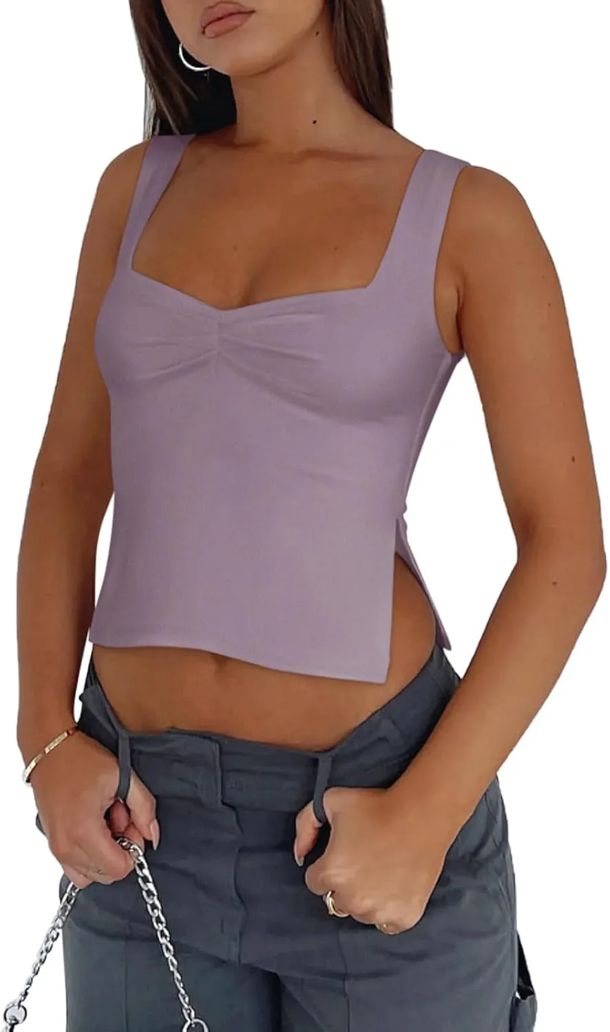 REORIA Women's Sexy Square Neck Ruched Double Lined Split Y2K Tank Crop Tops sold by ReoRia product image thumbnail 5