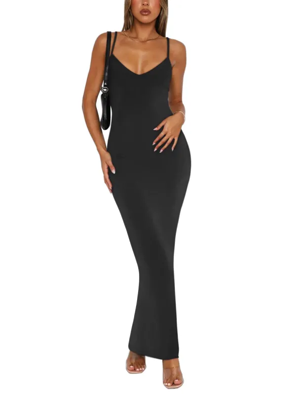 V Neck Slip Long Dresses Adjustable Spaghetti Strap Maxi Dress sold by ReoRia