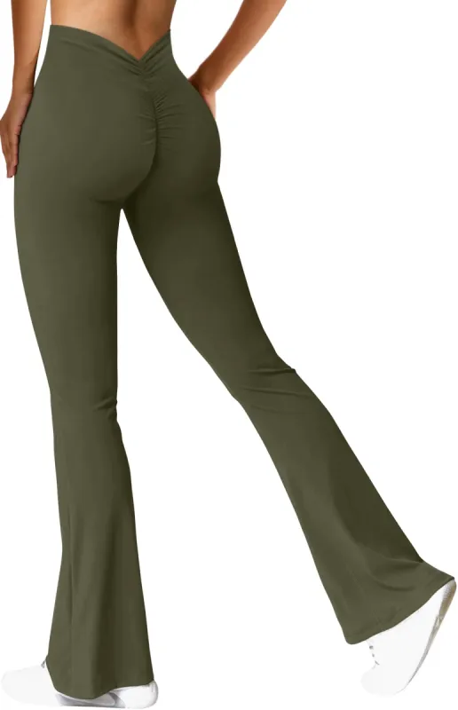 REORIA Scrunch Flare Leggings V Back Butt Lifting Wide Leg High Waist Gym Workout Yoga Pants sold by ReoRia