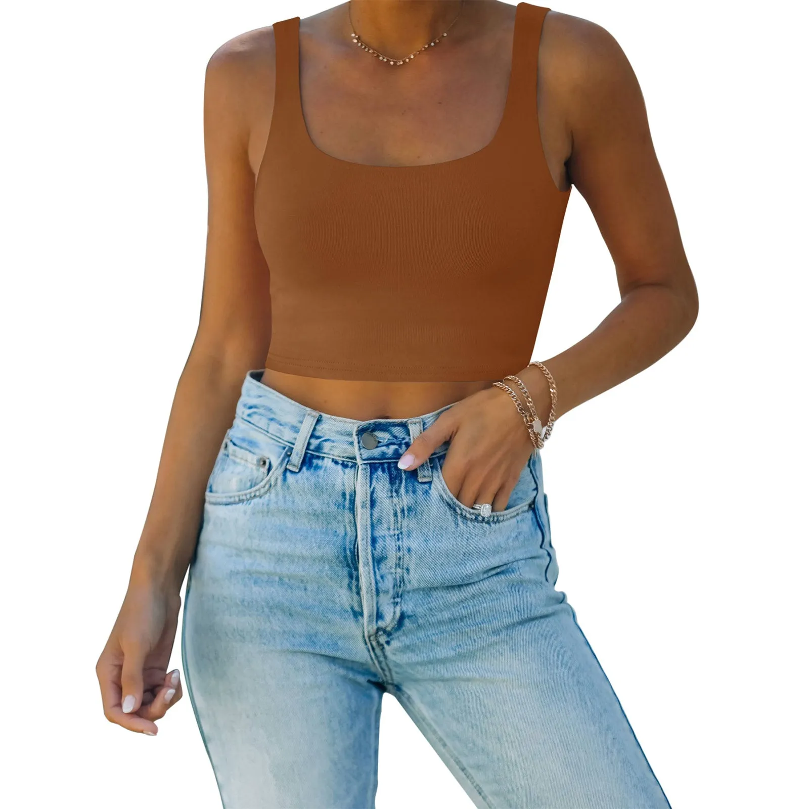 Square Neck Seamless Sleeveless Crop Tops sold by ReoRia