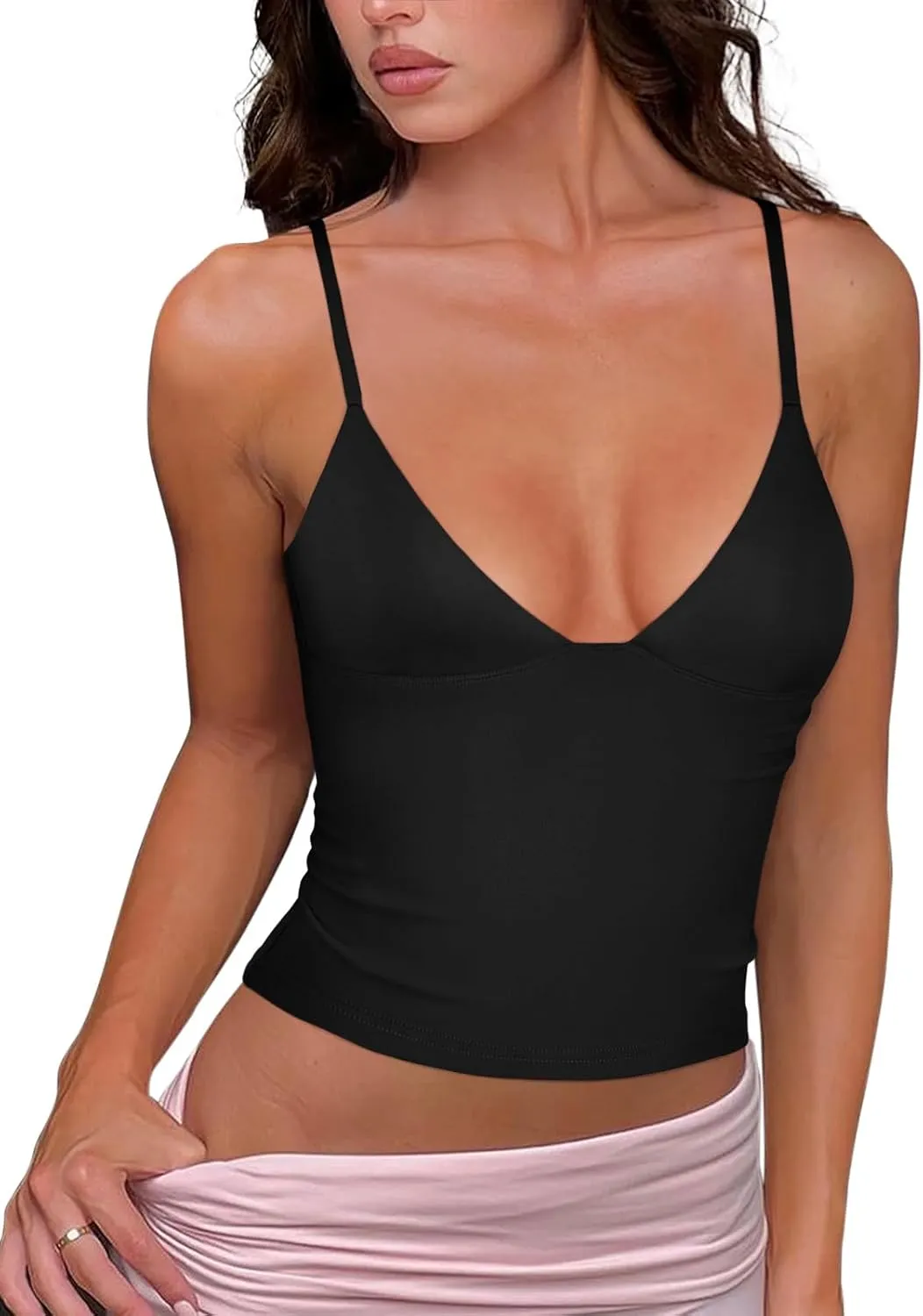 REORIA Butsmooth® Womens Sexy V-Neck Sleeveless Double Lined Going Out Y2K Trendy Cami Shirt Cropped Tank Tops sold by ReoRia product image thumbnail 5