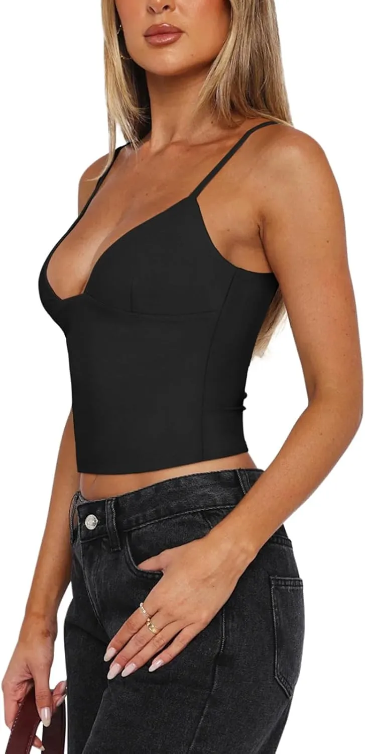 REORIA Butsmooth® Womens Sexy V-Neck Sleeveless Double Lined Going Out Y2K Trendy Cami Shirt Cropped Tank Tops sold by ReoRia product image thumbnail 3