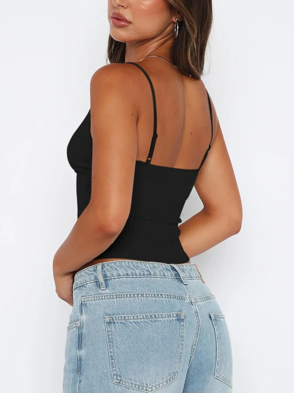 REORIA Butsmooth® Womens Sexy V-Neck Sleeveless Double Lined Going Out Y2K Trendy Cami Shirt Cropped Tank Tops sold by ReoRia product image thumbnail 4