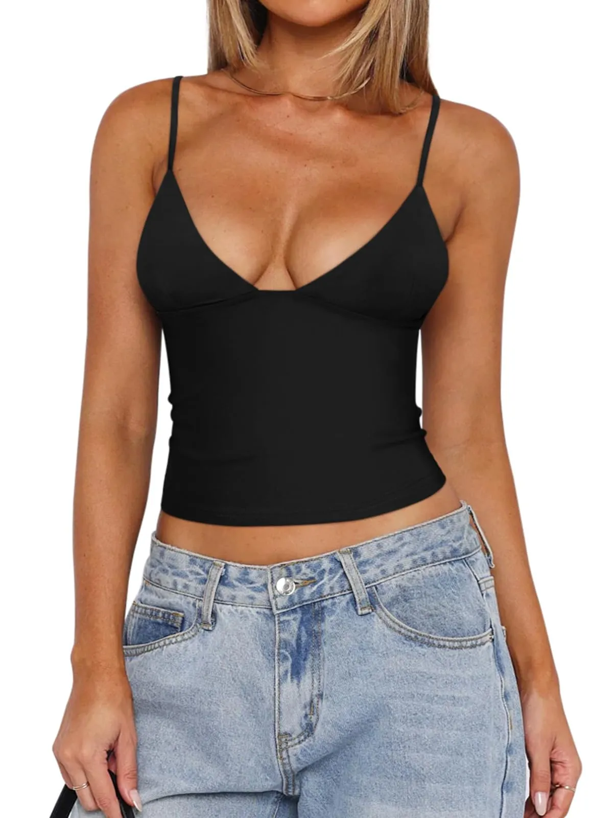 REORIA Butsmooth® Womens Sexy V-Neck Sleeveless Double Lined Going Out Y2K Trendy Cami Shirt Cropped Tank Tops sold by ReoRia