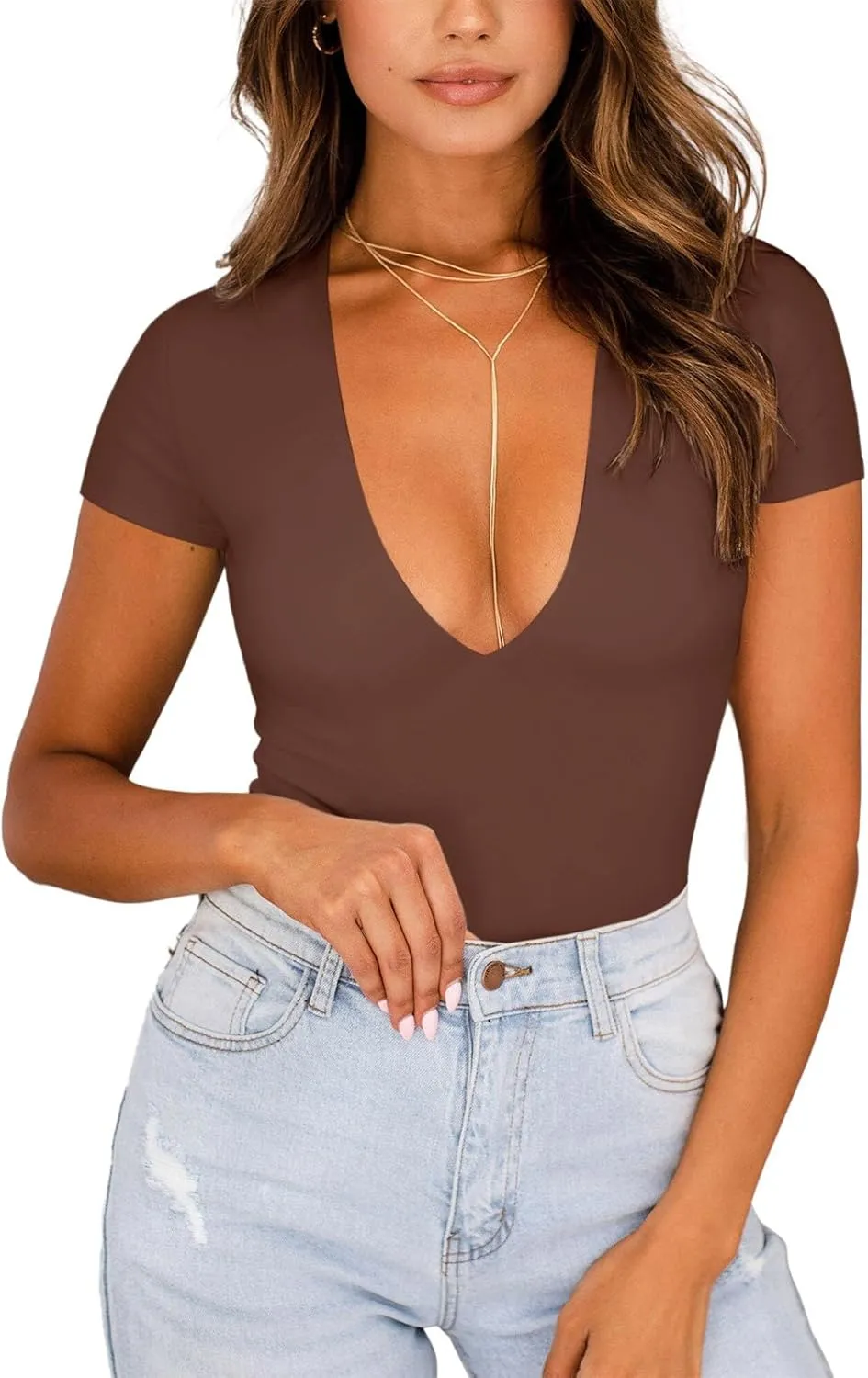 REORIA Women's Sexy Plunge Deep V Neck Short Sleeve Bodysuit Double Lined Going Out T Shirt Tops sold by ReoRia product image thumbnail 2