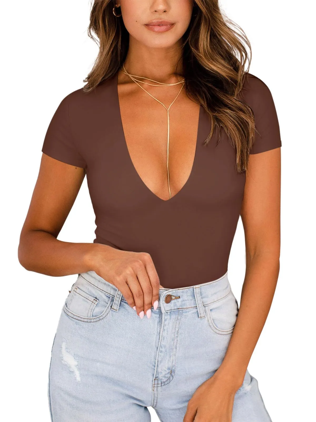 REORIA Women's Sexy Plunge Deep V Neck Short Sleeve Bodysuit Double Lined Going Out T Shirt Tops sold by ReoRia