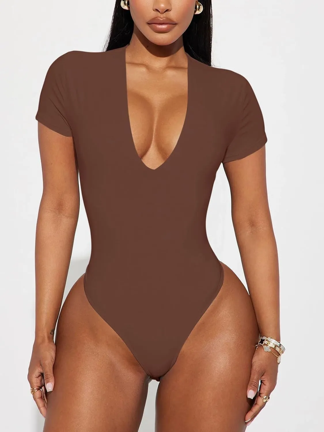 REORIA Women's Sexy Plunge Deep V Neck Short Sleeve Bodysuit Double Lined Going Out T Shirt Tops sold by ReoRia product image thumbnail 3