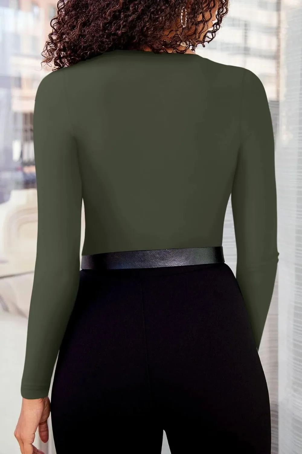 Trendy Sexy Plunge Deep V Neck Long Sleeve Bodysuit Double Lined Going Out Tops sold by ReoRia product image thumbnail 4