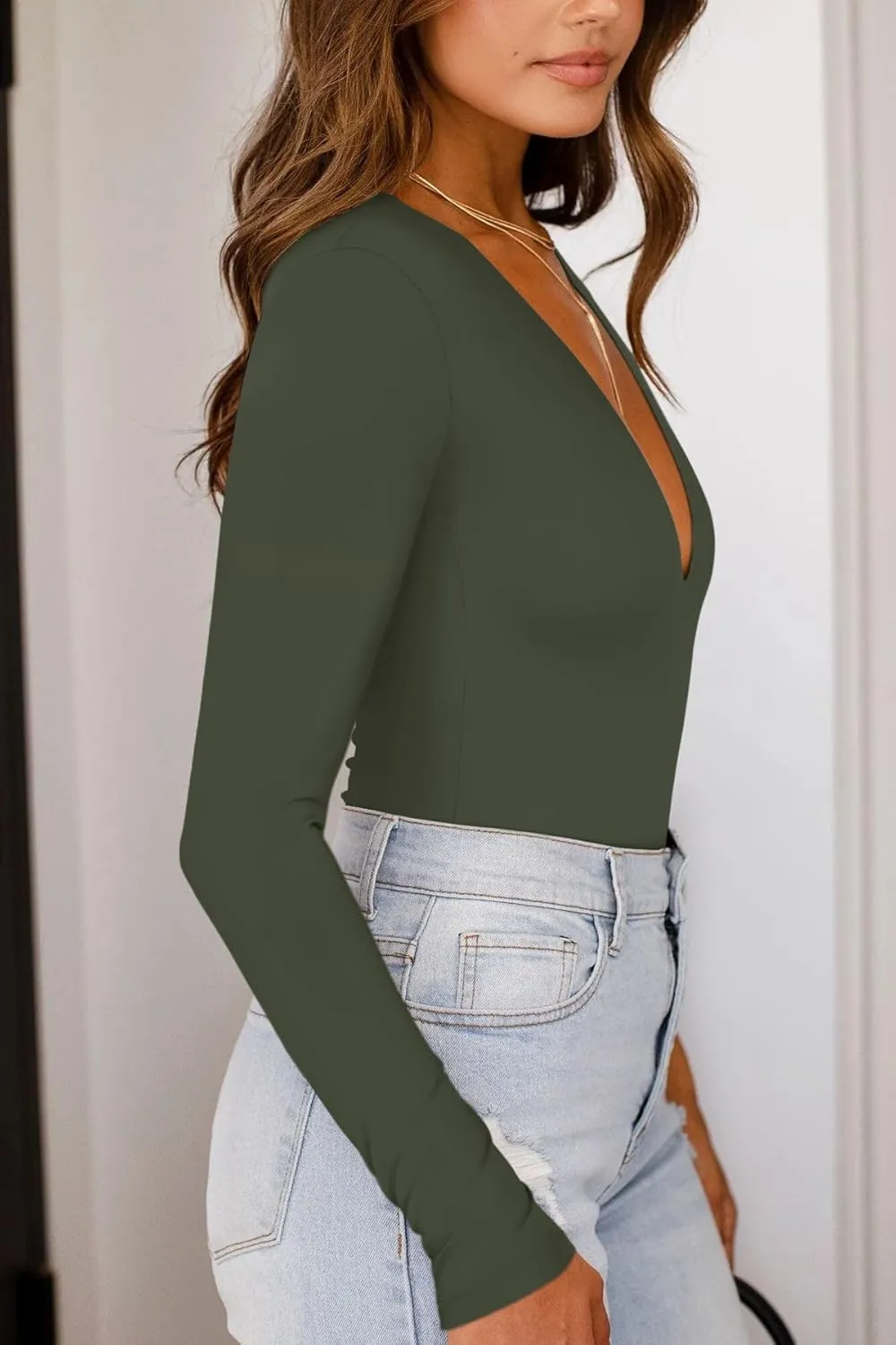 Trendy Sexy Plunge Deep V Neck Long Sleeve Bodysuit Double Lined Going Out Tops sold by ReoRia product image thumbnail 3