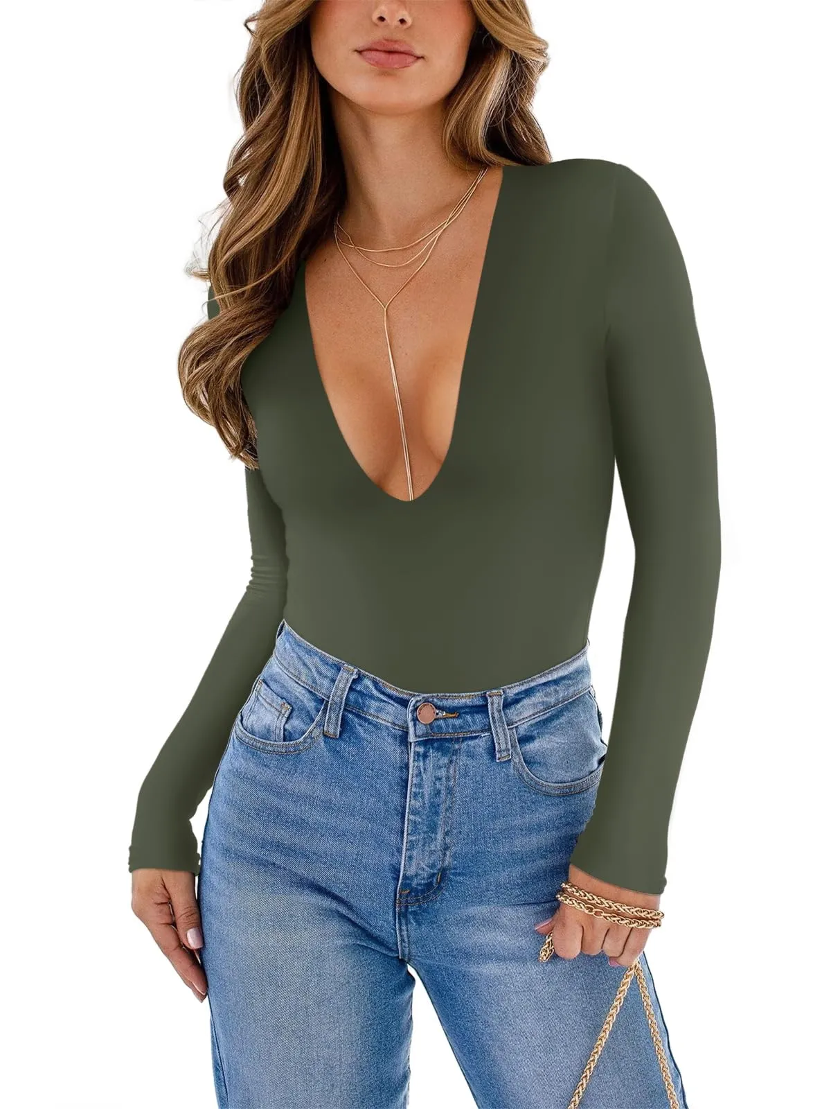 Trendy Sexy Plunge Deep V Neck Long Sleeve Bodysuit Double Lined Going Out Tops sold by ReoRia