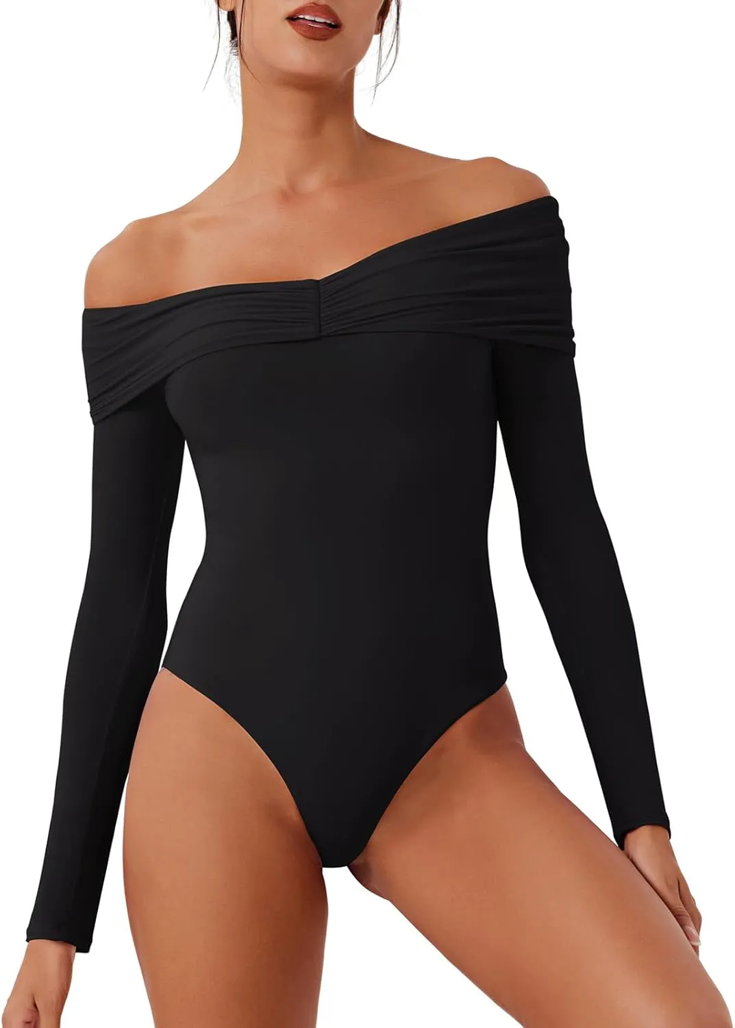 Alluring Asymmetrical Off-Shoulder Ruched Bodysuit sold by ReoRia product image thumbnail 3