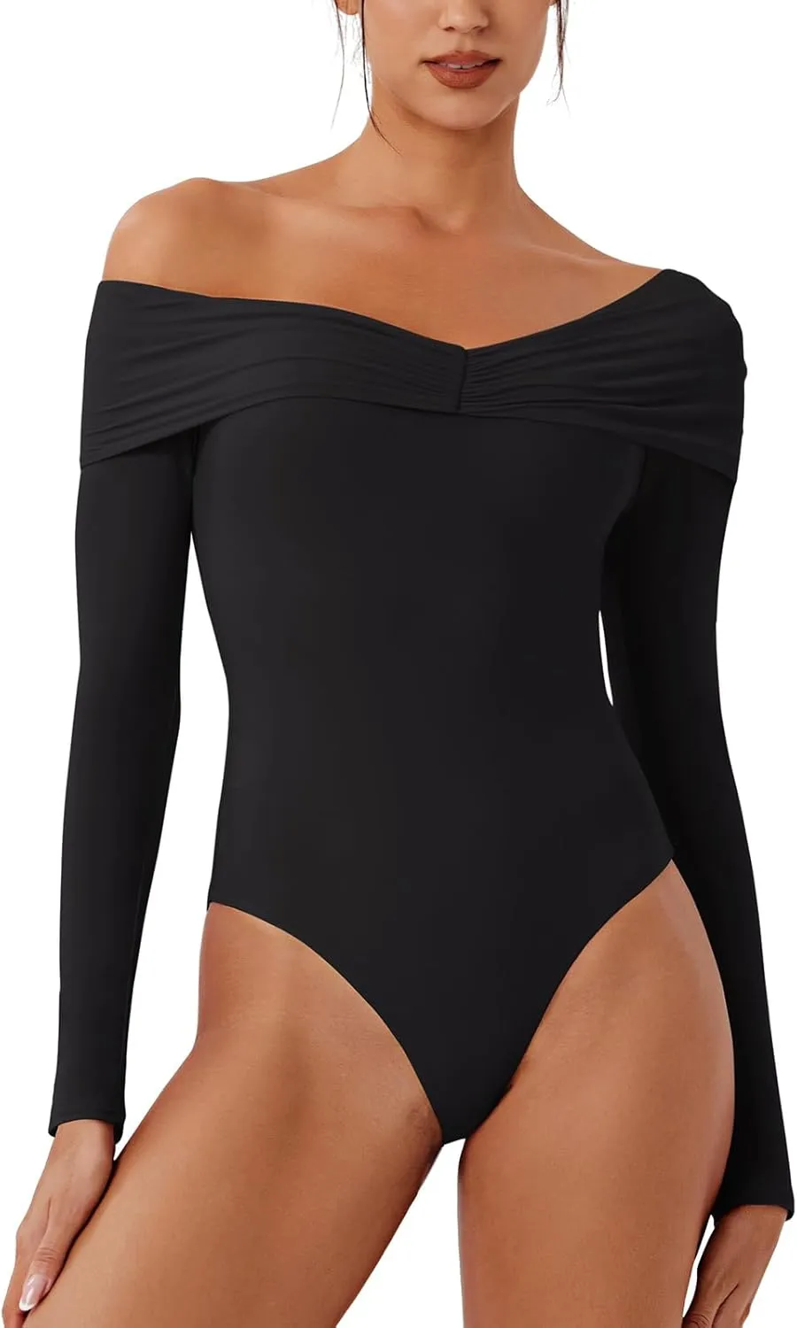 Alluring Asymmetrical Off-Shoulder Ruched Bodysuit sold by ReoRia product image thumbnail 2