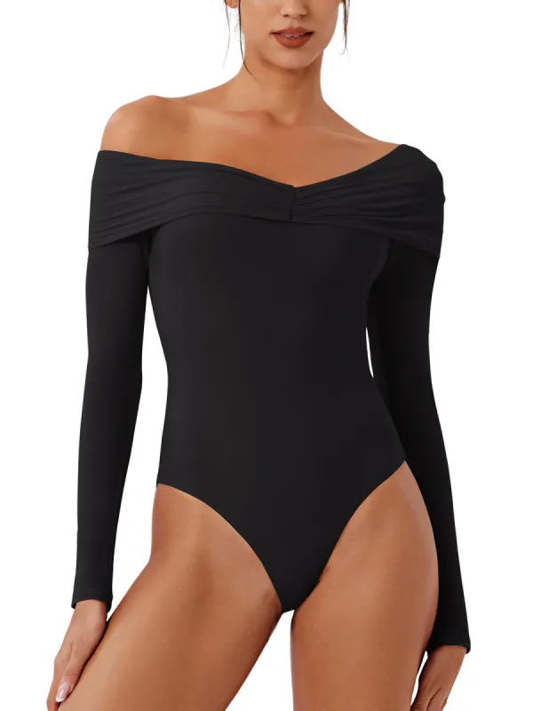 Alluring Asymmetrical Off-Shoulder Ruched Bodysuit sold by ReoRia