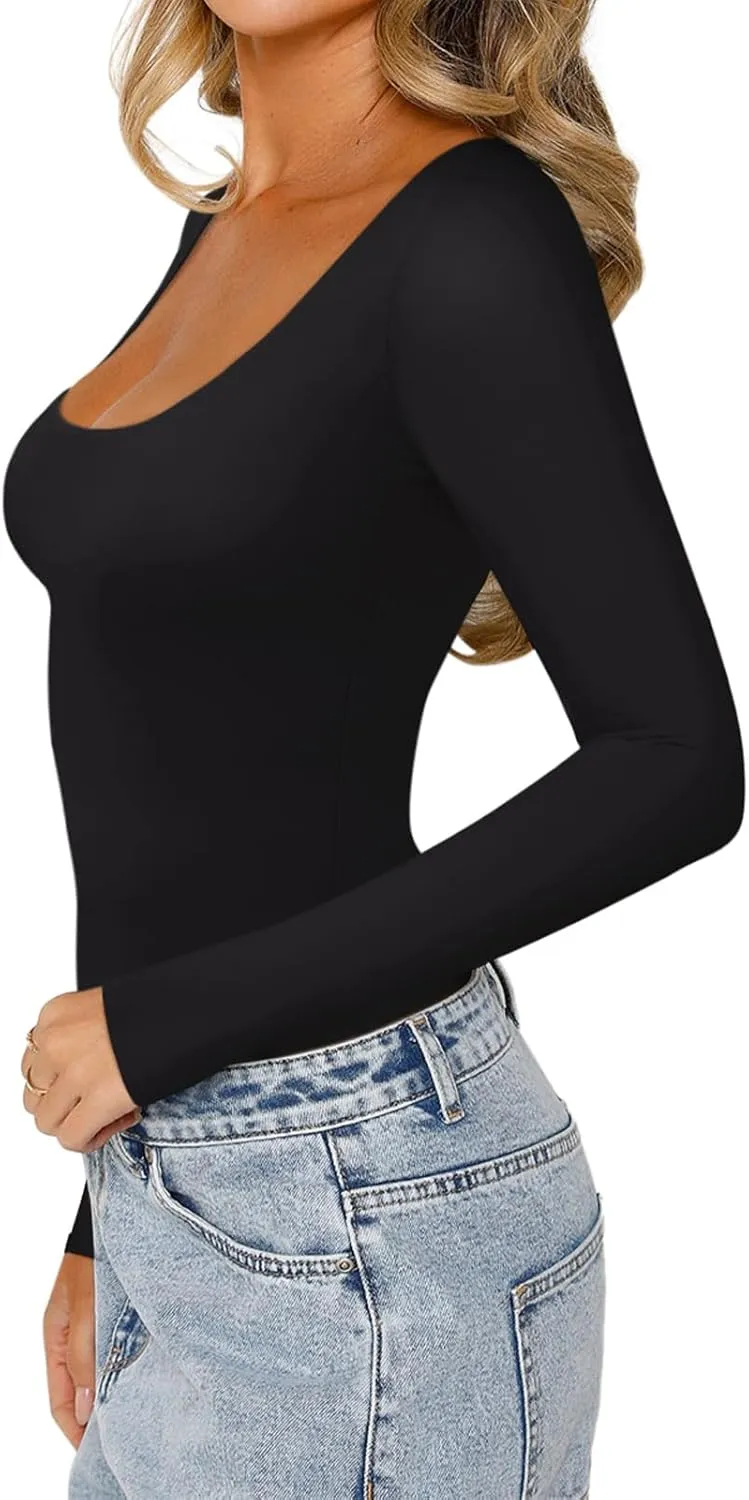 Basic Sexy Scoop Neck Long Sleeve Double Lined Bodysuit sold by ReoRia product image thumbnail 4