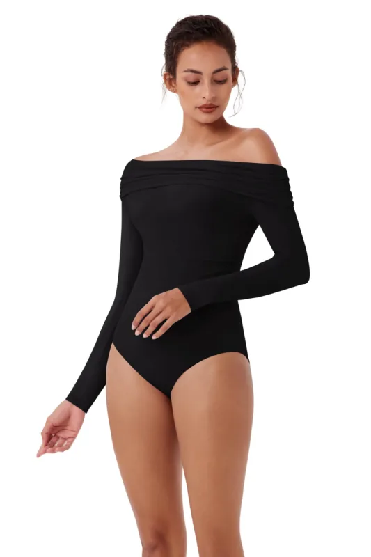 Single Off-Shoulder Bodysuit Double Layer Ruching Sexy Elegant Tops sold by ReoRia