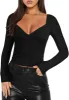 REORIA Women's Sexy V Neck Long Sleeve Slim Fitted Side Ruched Trendy Y2K Going Out T Shirt Crop Top sold by ReoRia