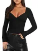 REORIA Women's Sexy V Neck Long Sleeve Slim Fitted Side Ruched Trendy Y2K Going Out T Shirt Crop Top sold by ReoRia