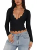 V-Neck Long Sleeve Shirts Trendy Lace Y2K Going Out Crop Top sold by ReoRia