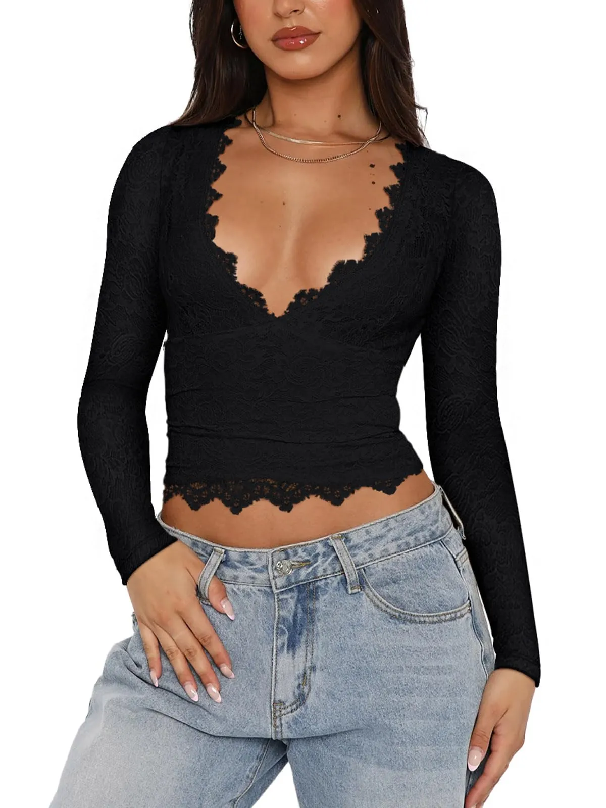 V-Neck Long Sleeve Shirts Trendy Lace Y2K Going Out Crop Top sold by ReoRia