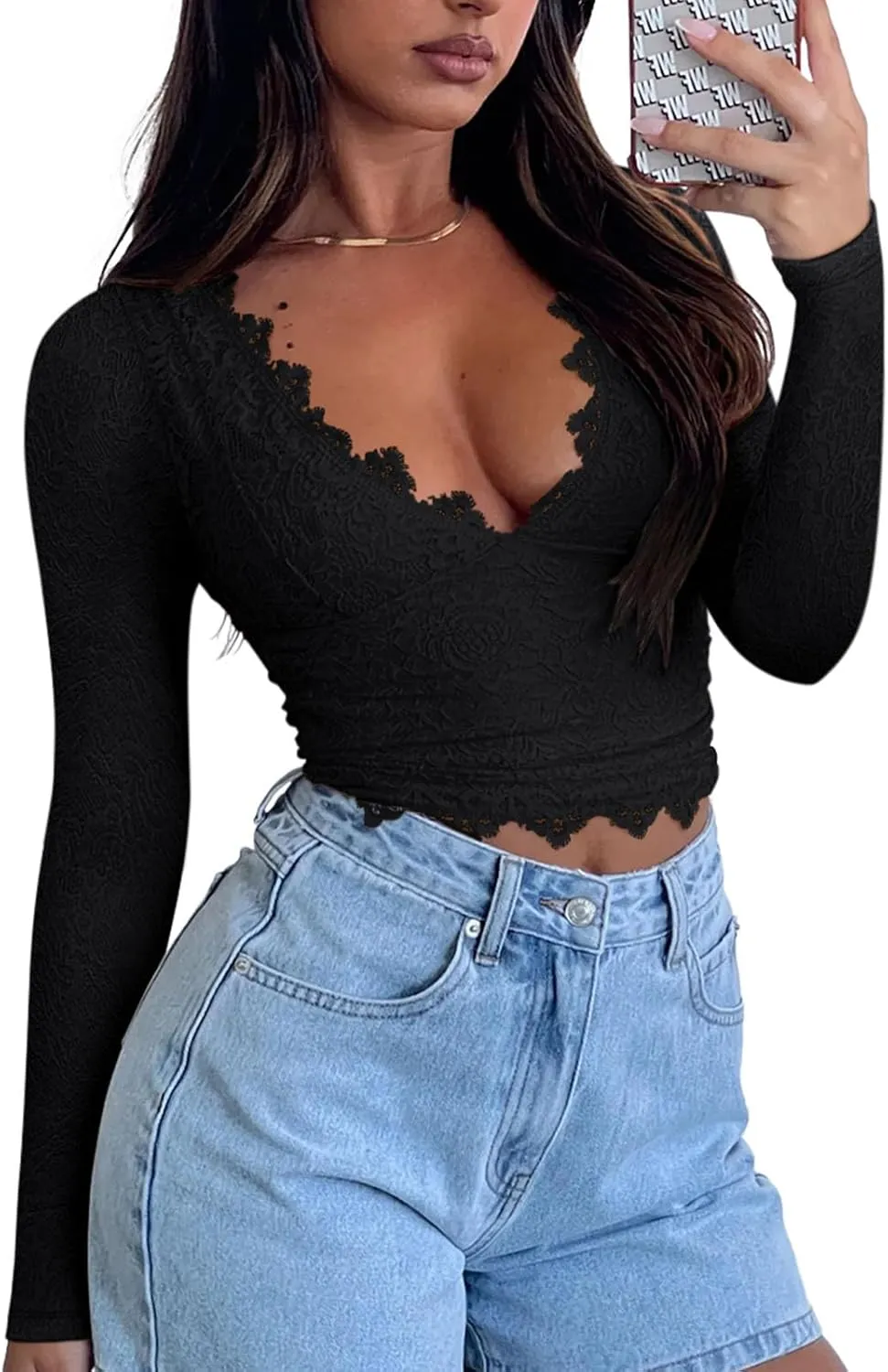 V-Neck Long Sleeve Shirts Trendy Lace Y2K Going Out Crop Top sold by ReoRia product image thumbnail 5