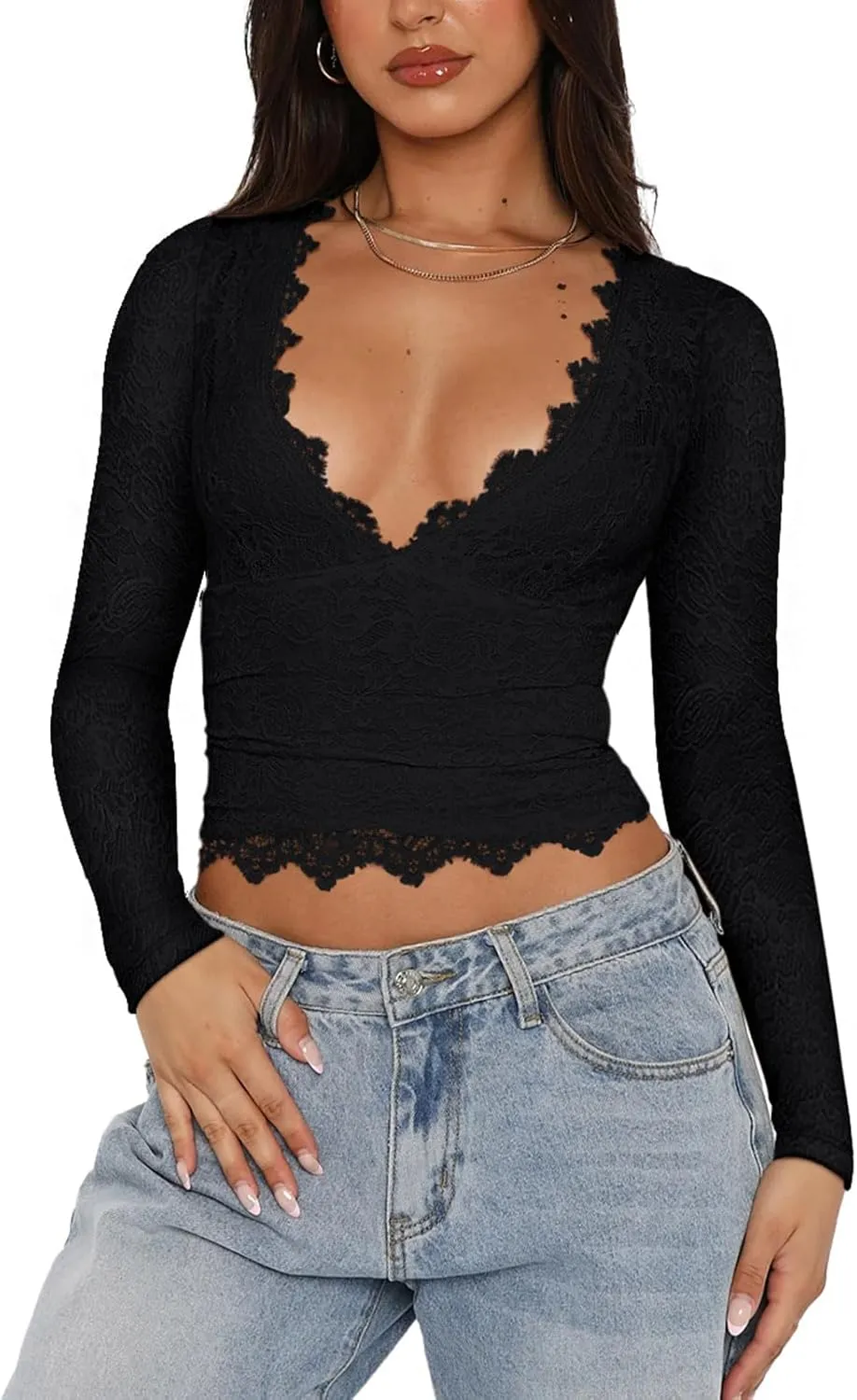 V-Neck Long Sleeve Shirts Trendy Lace Y2K Going Out Crop Top sold by ReoRia product image thumbnail 2