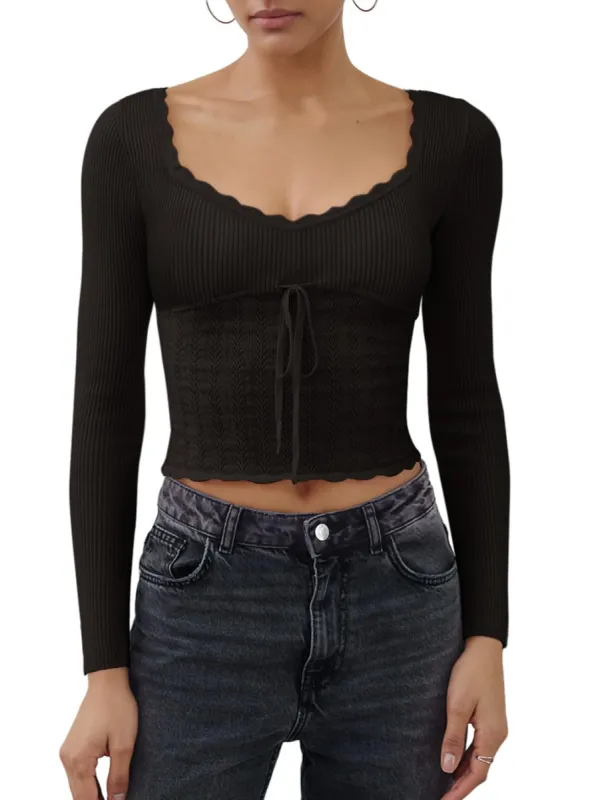 Sweetheart Neck Ruffle Trim Long Sleeve Crop Tops Knit Sweaters sold by ReoRia