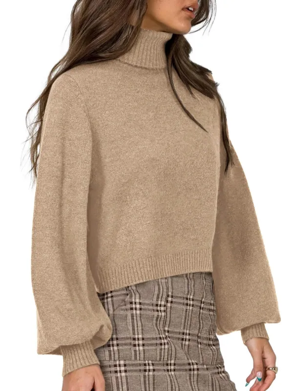 Starlight Cascade Mock Neck Sweater – Cropped Knit with Lantern Sleeves sold by ReoRia