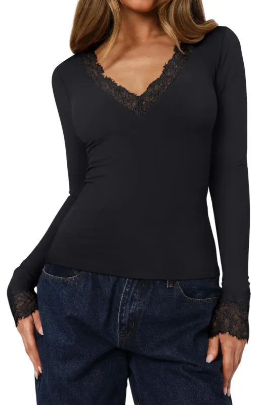 Silken Grace Lace V-Neck Long Sleeve Top sold by ReoRia