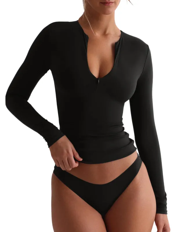 Quarter Zip Sexy V Neck Long Sleeve Cropped Top sold by ReoRia
