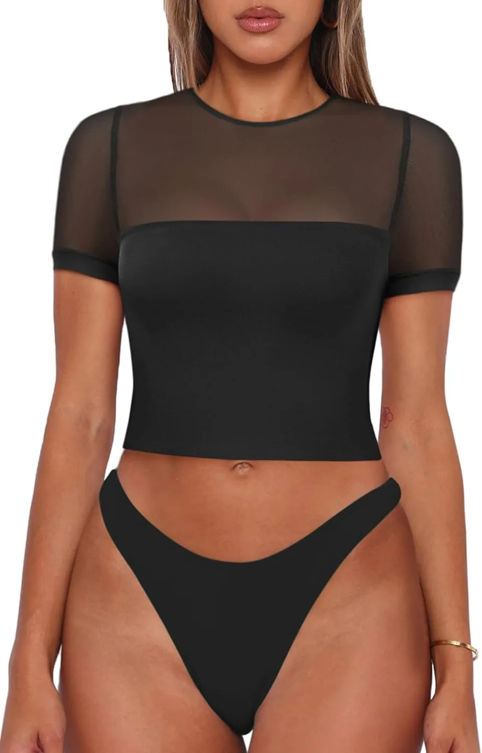 REORIA Women's Summer Sexy Crew Neck Short Sleeve Sheer Mesh Going Out Tops Slim Fit T Shirts Crop top Tee sold by ReoRia product image thumbnail 2