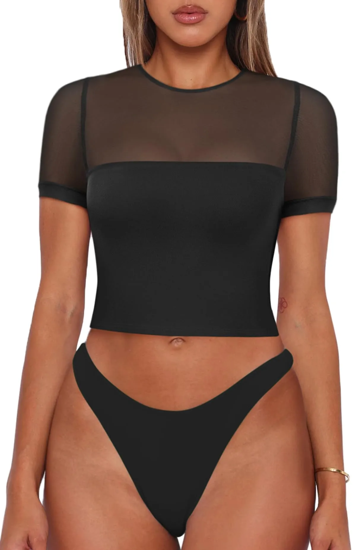 REORIA Women's Summer Sexy Crew Neck Short Sleeve Sheer Mesh Going Out Tops Slim Fit T Shirts Crop top Tee sold by ReoRia