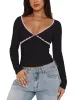 Crisscross Lace V-Neck Slim-Fit Long Sleeve Top sold by ReoRia