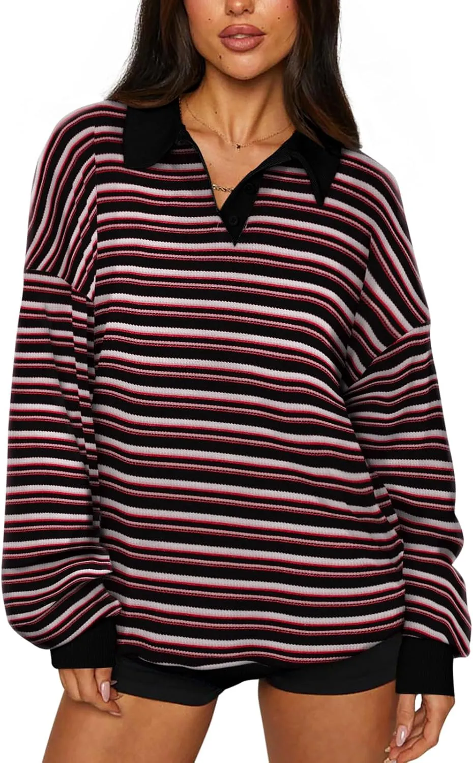 Striped Long Sleeve Pullover Rugby Tops sold by ReoRia product image thumbnail 3