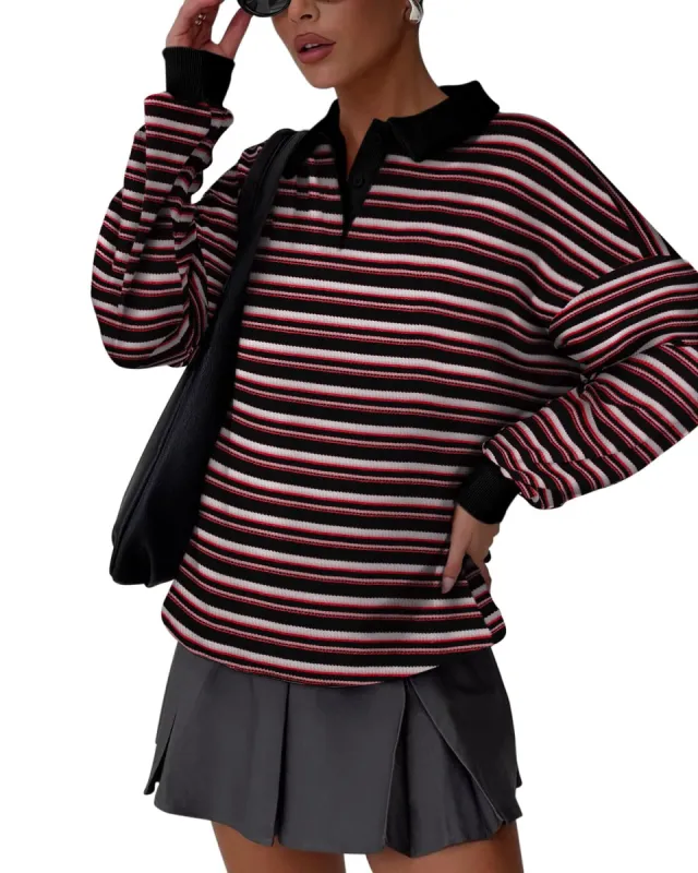 Striped Long Sleeve Pullover Rugby Tops sold by ReoRia