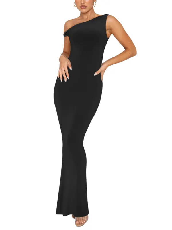 One Shoulder Sleeveless Ribbed Bodycon Maxi Dresses sold by ReoRia