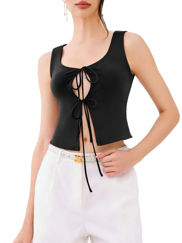 REORIA U-Neck Adjustable Tie-Front Crop Top Soft Fabric Y2K Sexy Sleeveless Tops 2025 Spring/Summer Designer Collection (Copy) sold by ReoRia