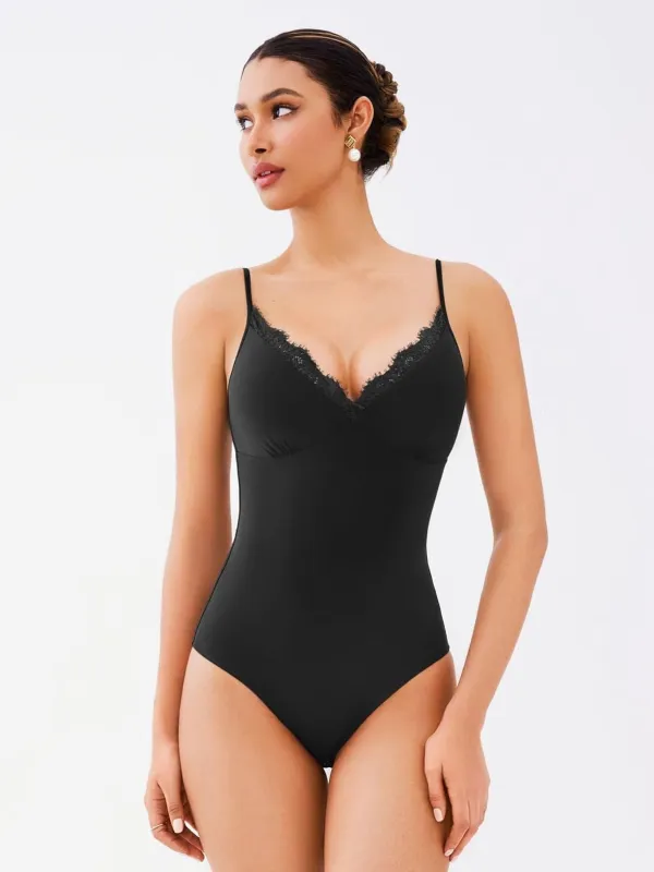 Lace Trim V-Neck Bodysuit sold by ReoRia
