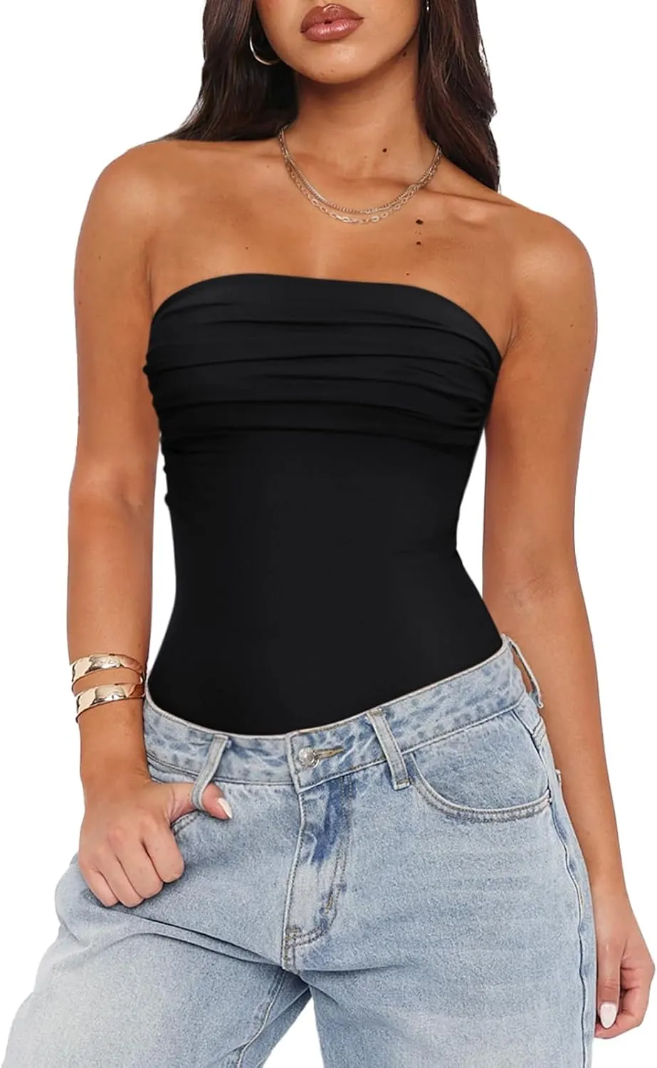 Strapless Ruched Tube Bodysuit sold by ReoRia product image thumbnail 4