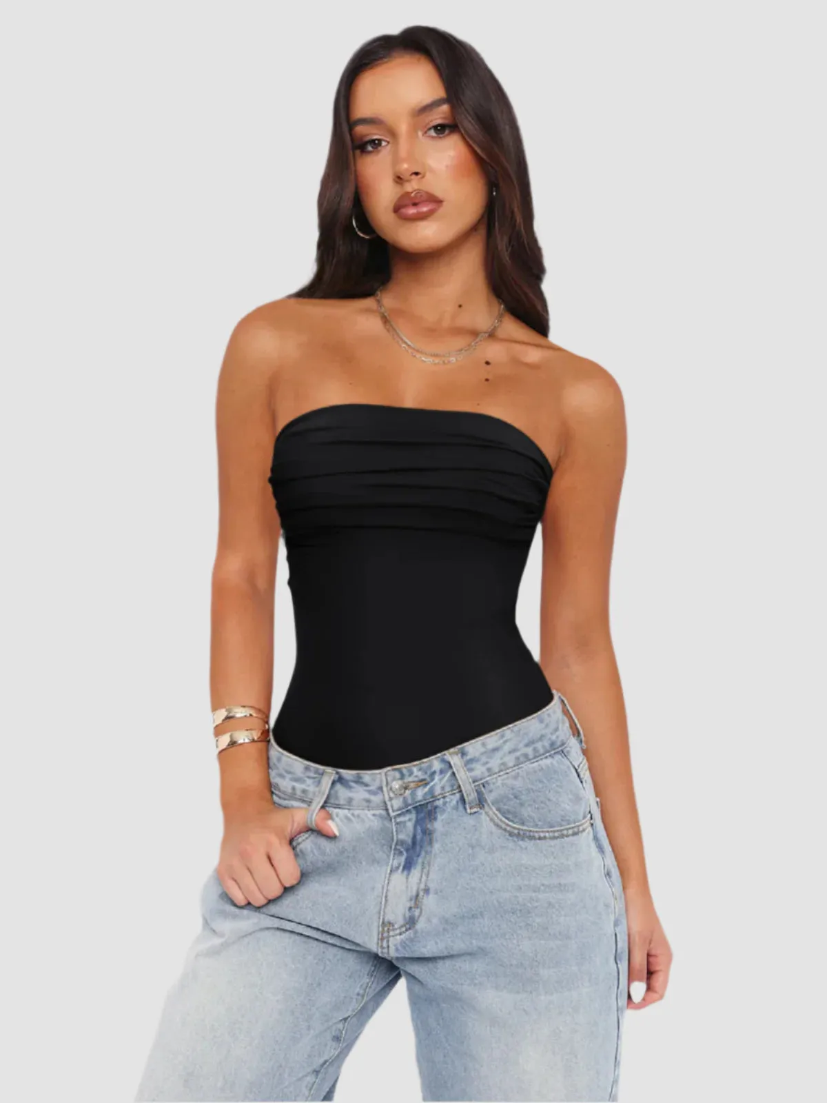 Strapless Ruched Tube Bodysuit sold by ReoRia