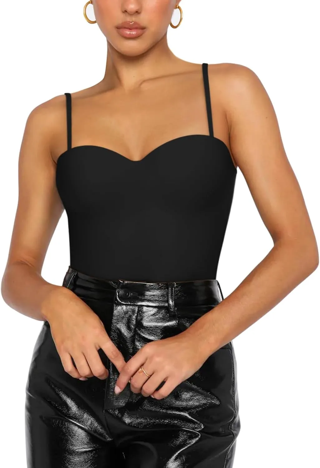 REORIA Womens Sexy Sleeveless V Neck Double Lined Trendy Going Out Cami Bodysuit Tank Tops sold by ReoRia product image thumbnail 3
