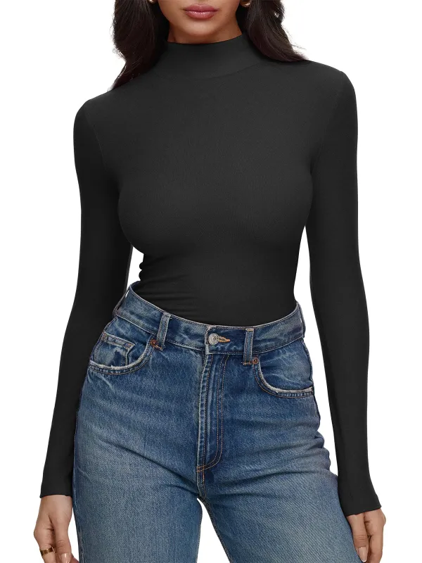 Ribbed Knit Basic Mock Neck Long Sleeve Shirts made by ReoRia