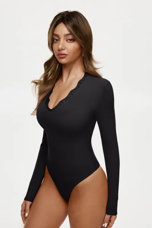 Lace V Neck Long Sleeve Bodysuits sold by ReoRia