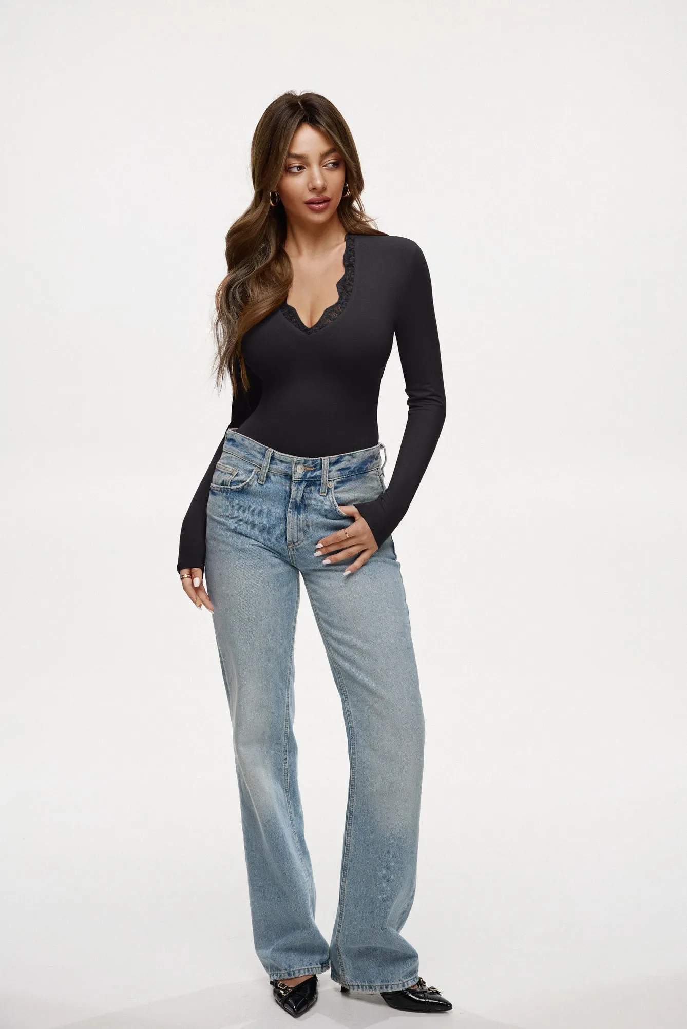 Lace V Neck Long Sleeve Bodysuits sold by ReoRia product image thumbnail 3